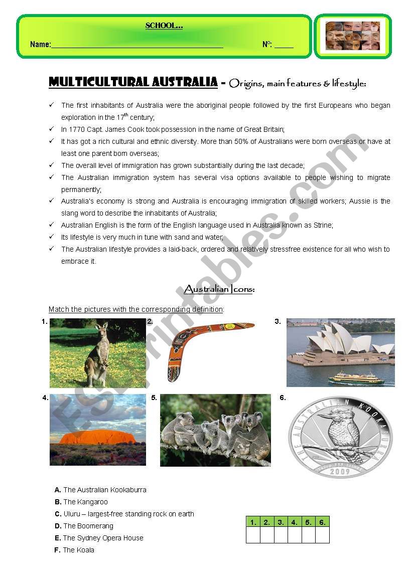 MULTICULTURAL AUSTRALIA worksheet