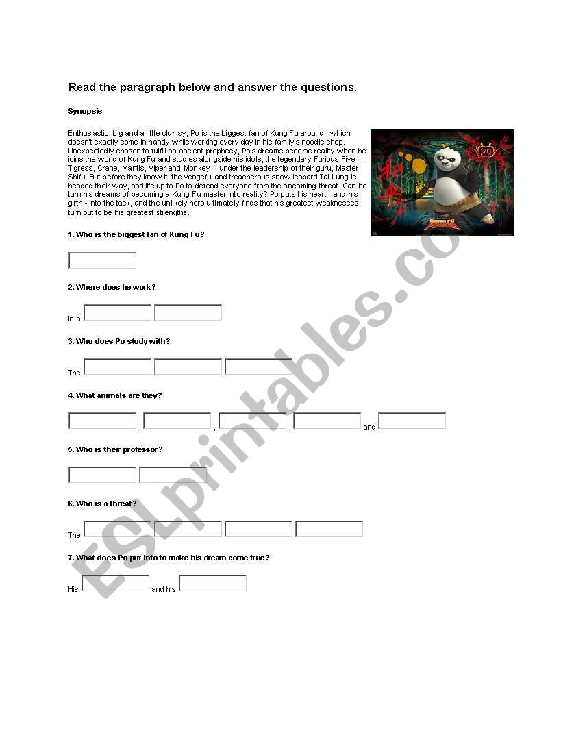 Kung Fu panda read and fill worksheet