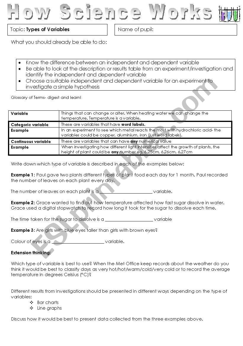 How Science Works - Variables worksheet