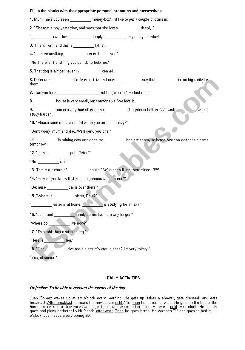 Daily activities worksheet