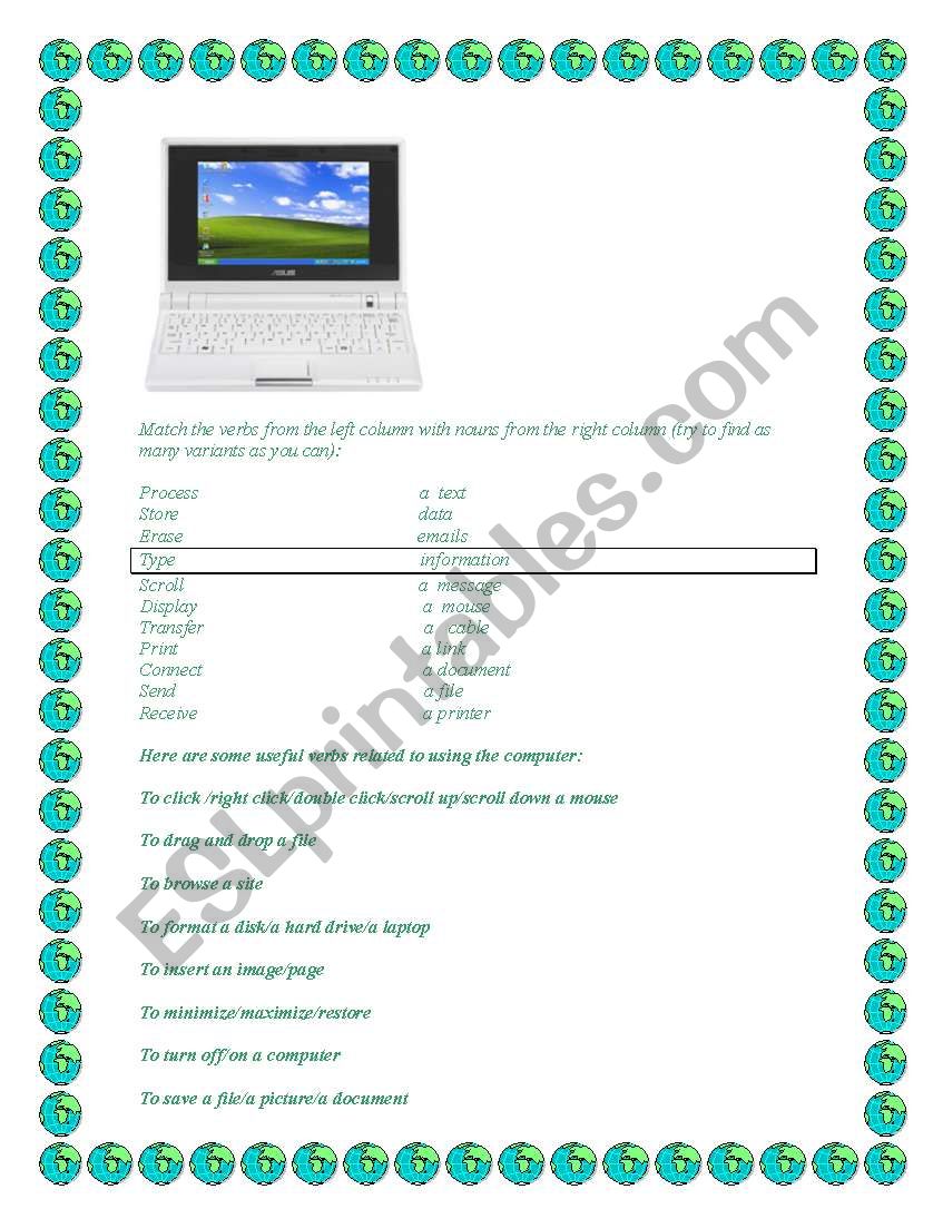 computer verbs worksheet