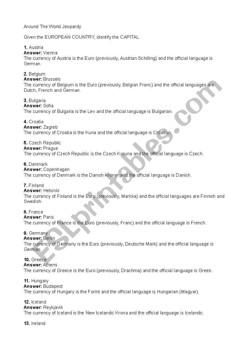 Around the World Jeopardy  worksheet