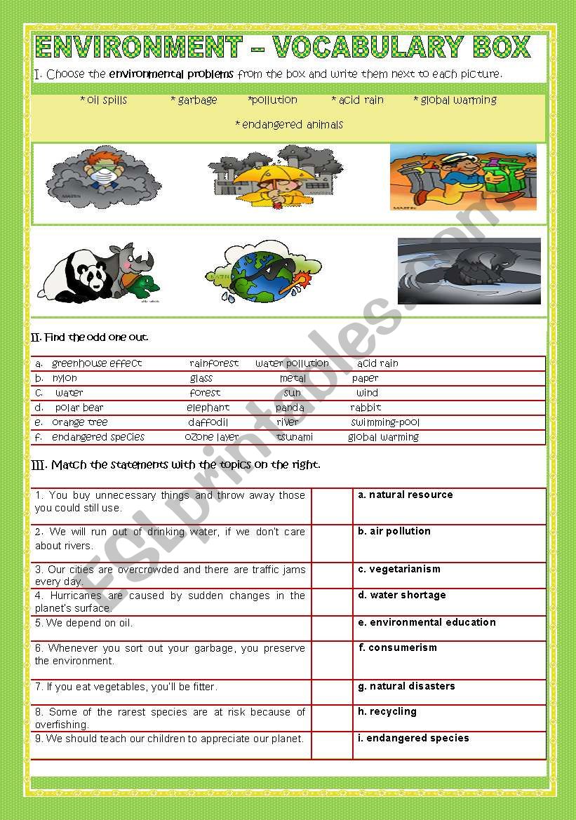 ENVIRONMENT - VOCABULARY BOX worksheet