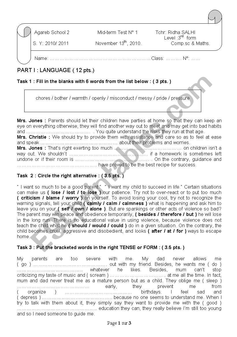 Mid-Term Test 1 ( 3rd form sciences )