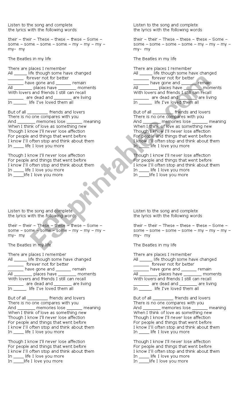 In my life by The Beatles worksheet