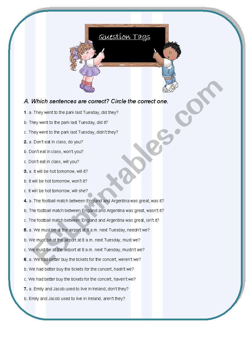 QUESTION TAGS EXERCISES worksheet