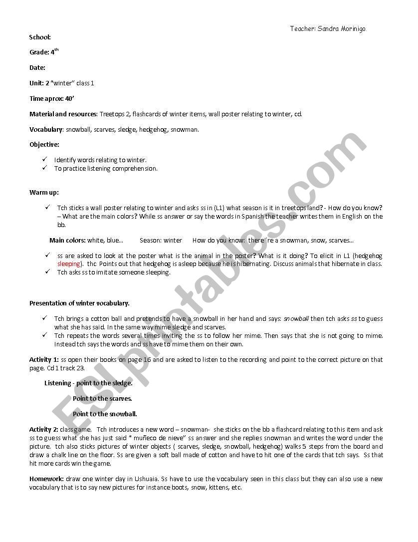 winter lesson plan worksheet