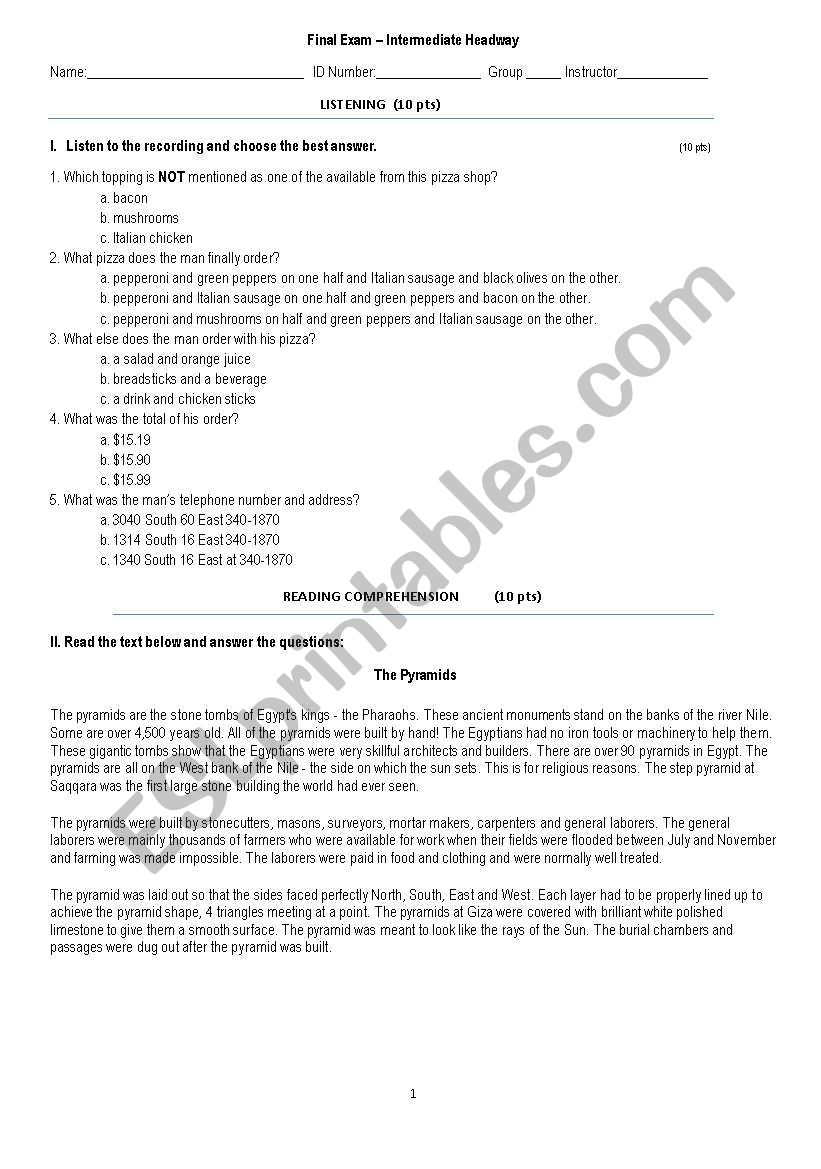 New Headway intermediate final Exam