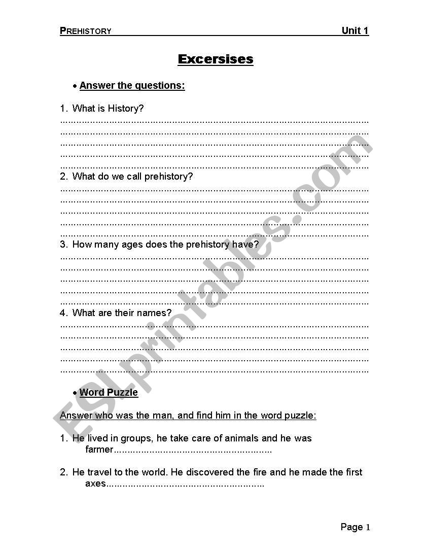 Prehistory Exercises worksheet