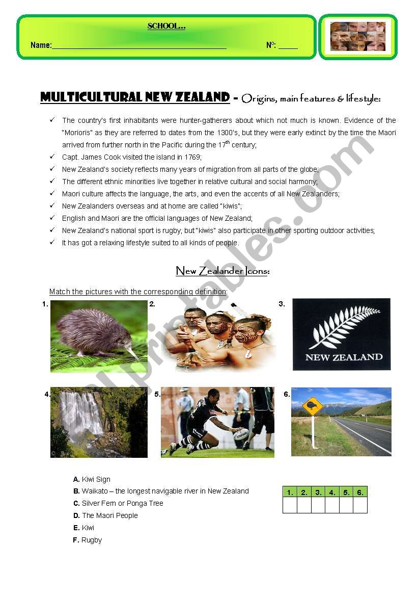 MULTICULTURAL NEW ZEALAND worksheet