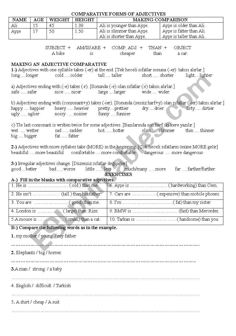 Worksheet for comparative forms of adjectives