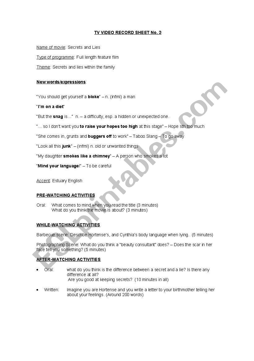 Secret and Lies worksheet