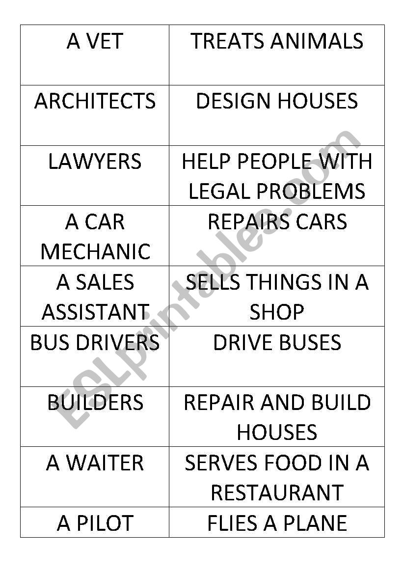 Jobs matching game worksheet