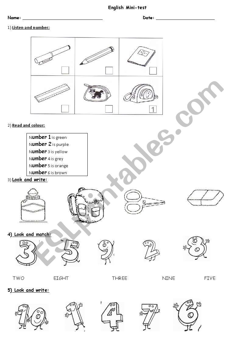 school objects - number test worksheet