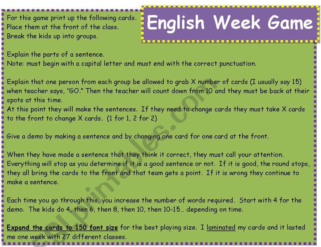 Sentence Making Game worksheet