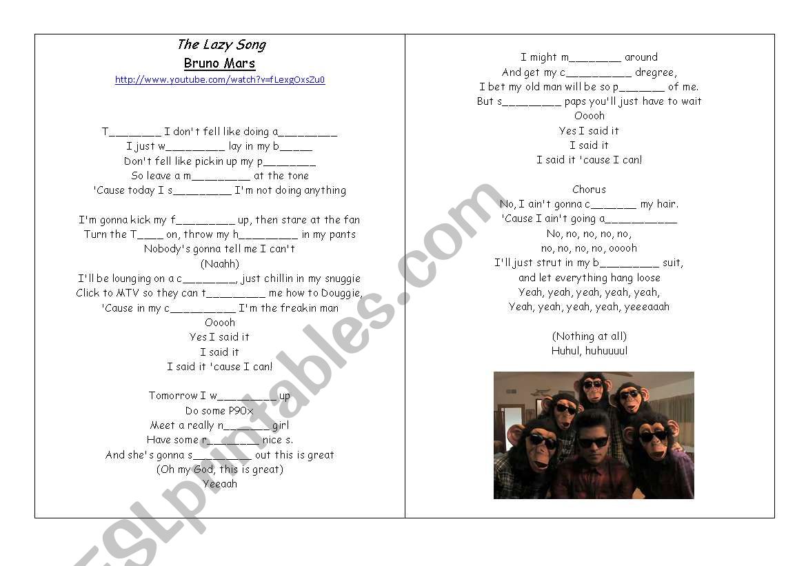 BRUNO MARS - THE LAZY SONG worksheet