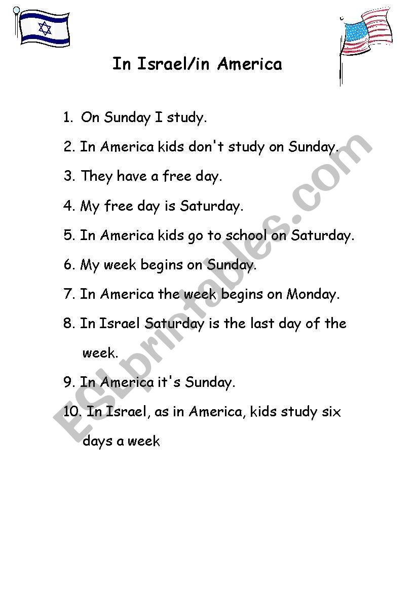 In Israel vs. in America worksheet