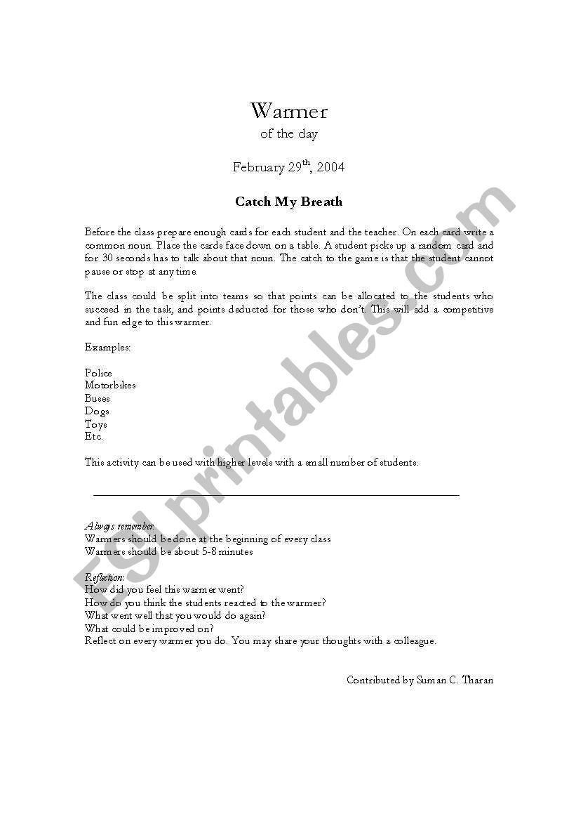 Catch My Breath Warmer worksheet