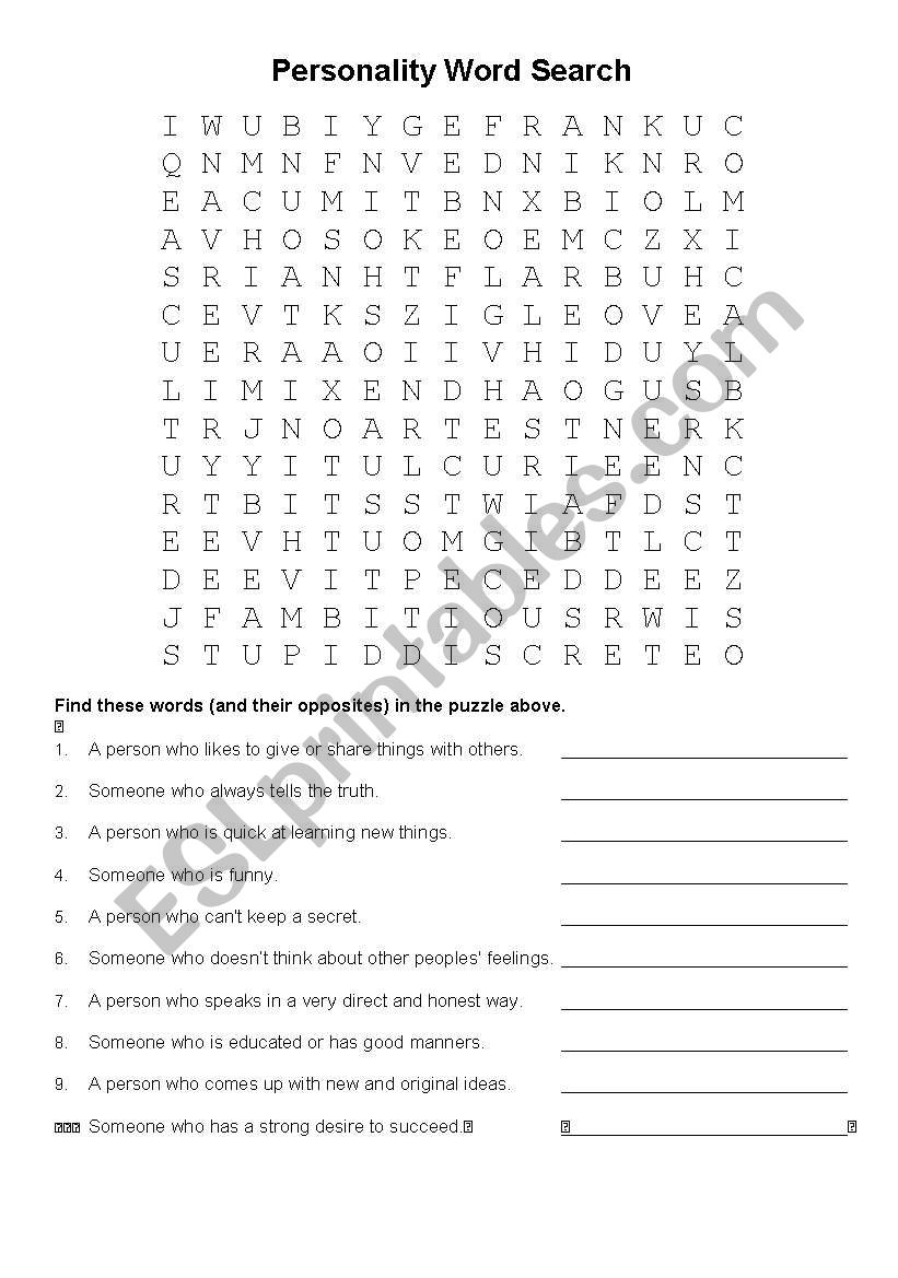 Personality Word Search worksheet