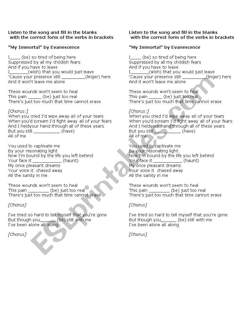 My Immortal by Evanescence worksheet