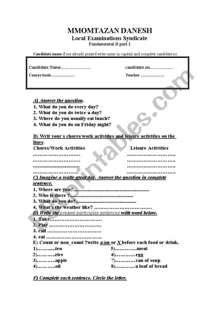 fandemental test worksheet