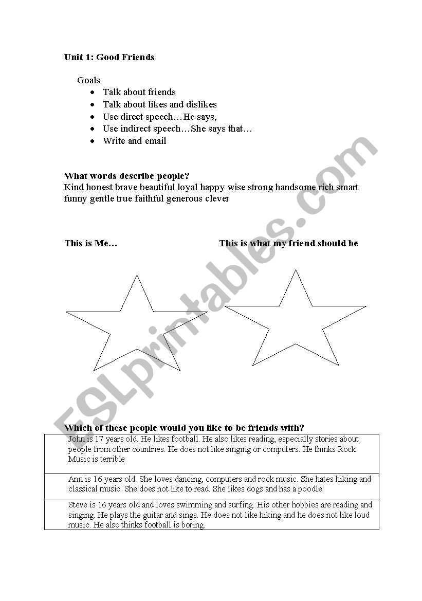 frienship worksheet