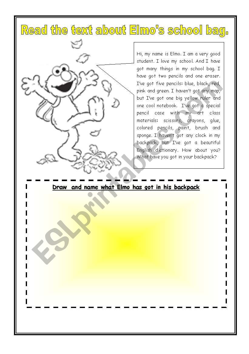 Elmos school bag worksheet