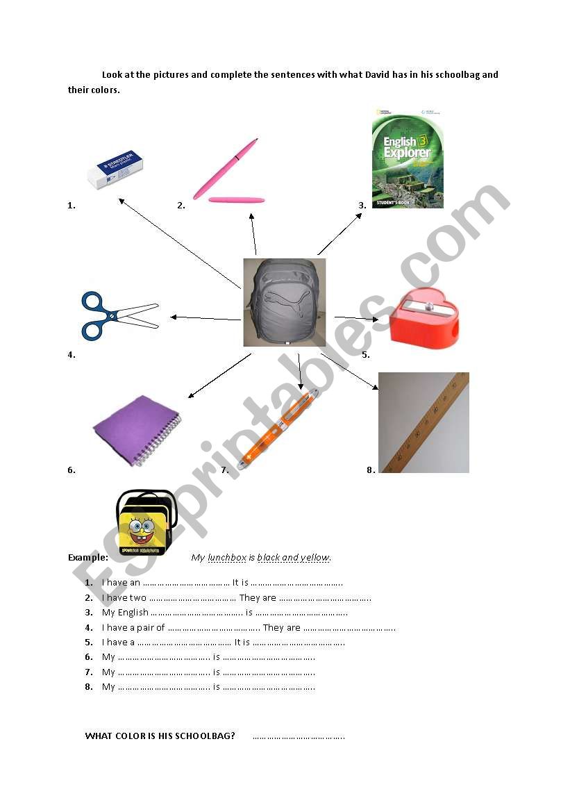 colours in a schoolbag worksheet