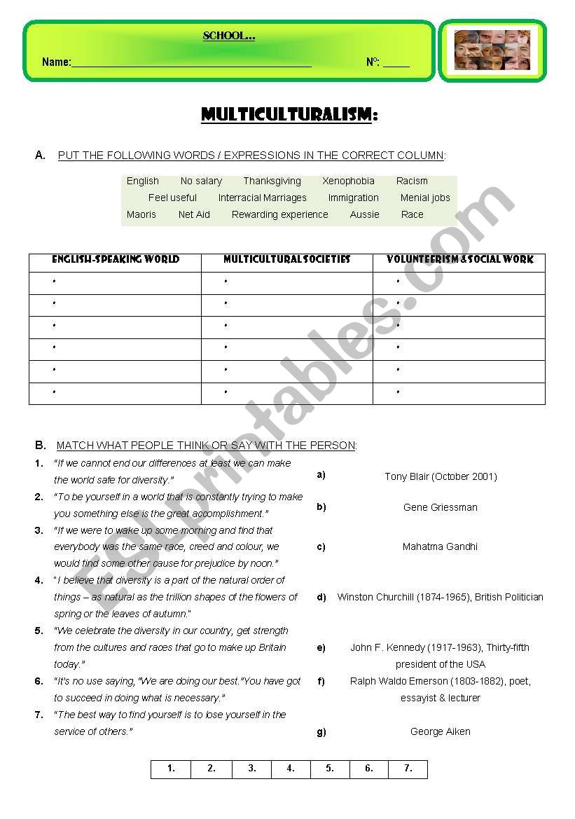 MULTICULTURALISM worksheet