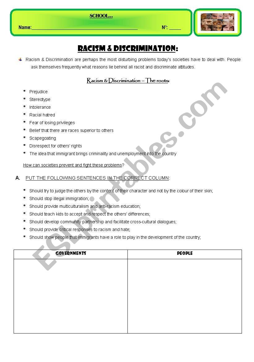 RACISM & DISCRIMINATION worksheet