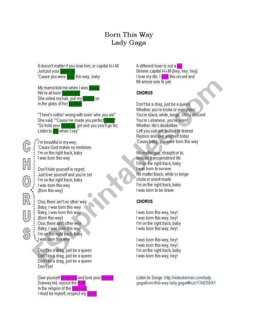 Born this way by Lady Gaga worksheet