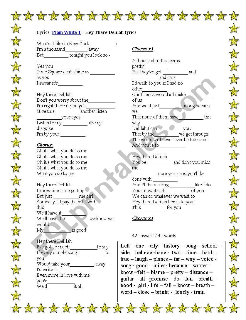 Hey There Delilah worksheet