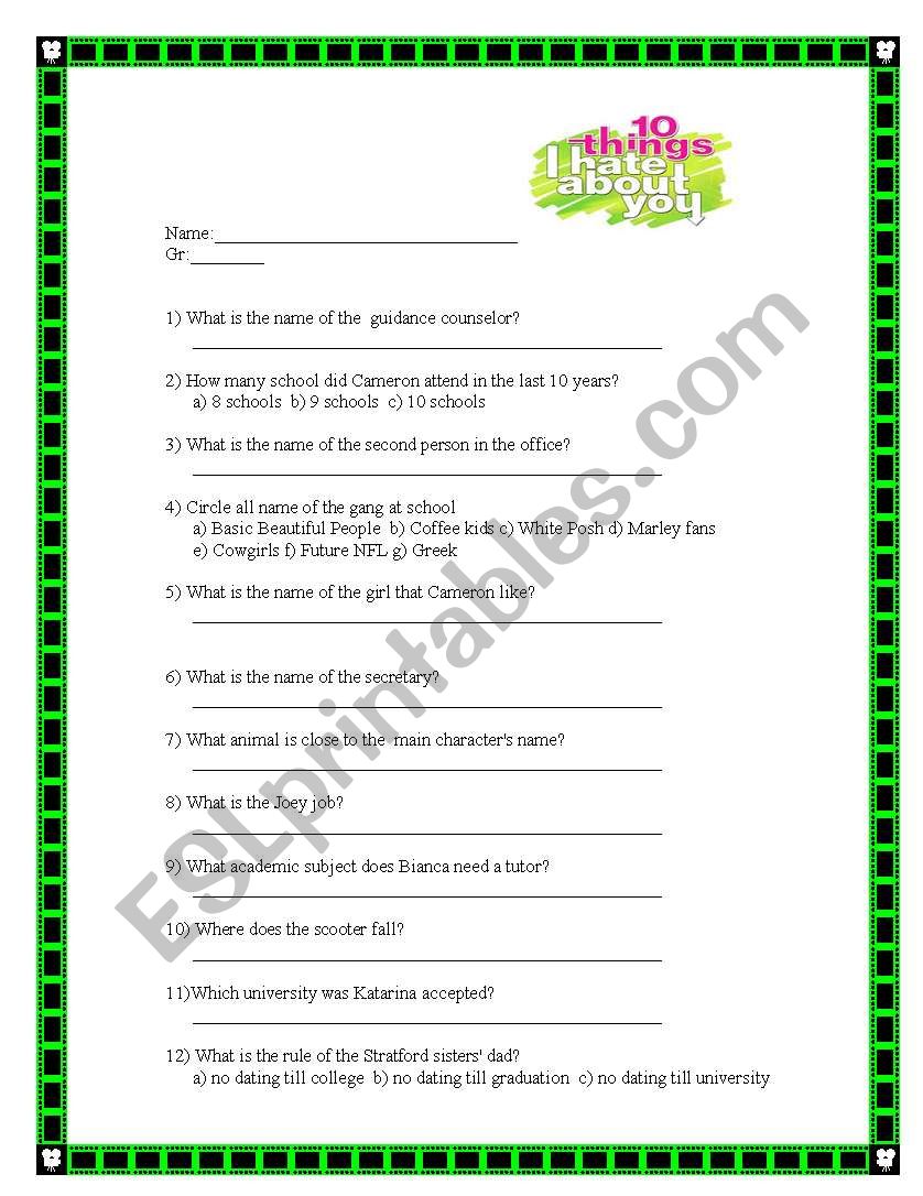 10 Things I hate About You worksheet