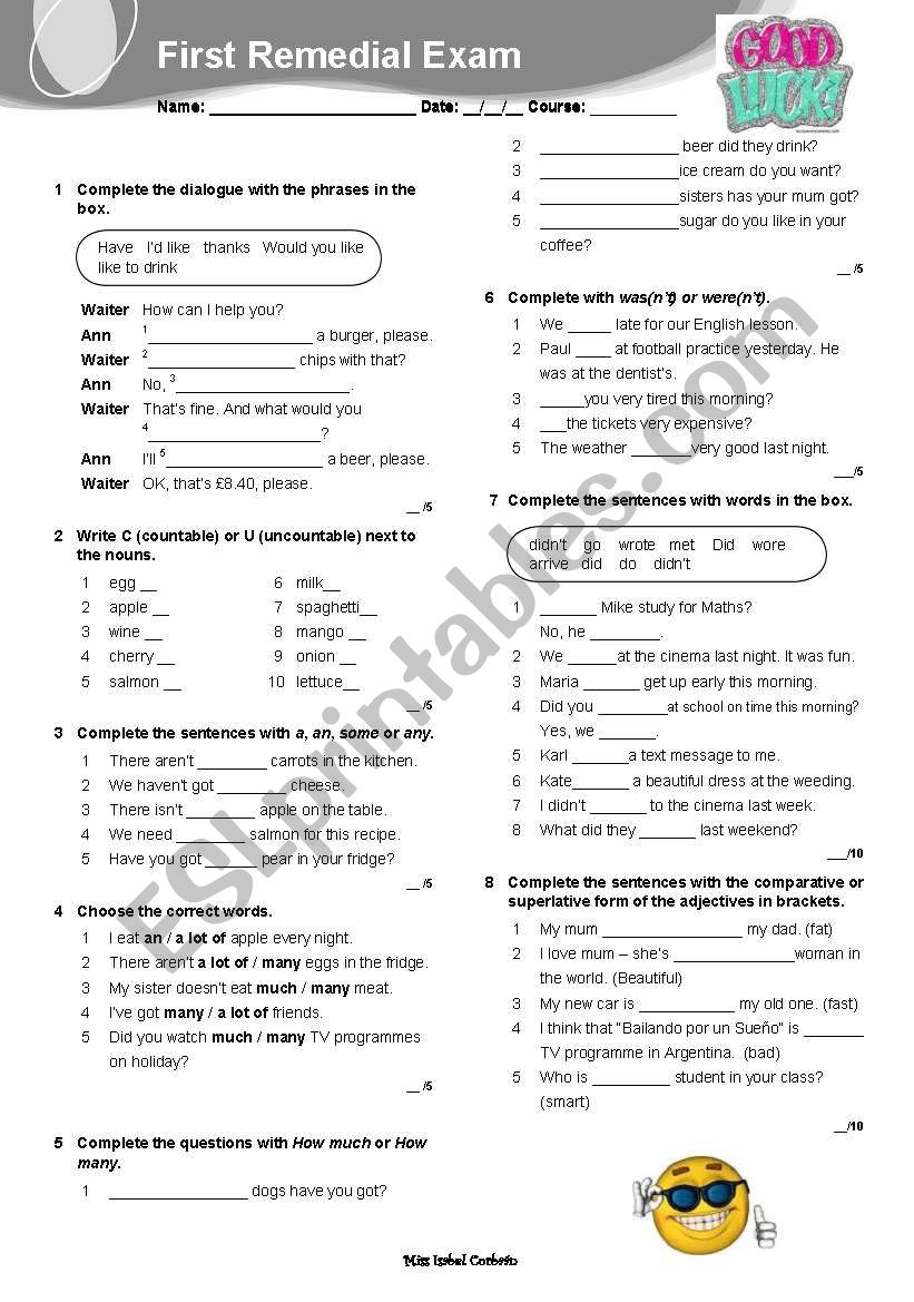 first remedial exam on past simple, superlatives and comparatives, and quantifiers