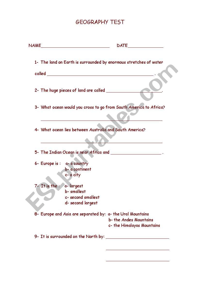 Geography Test- Europe worksheet