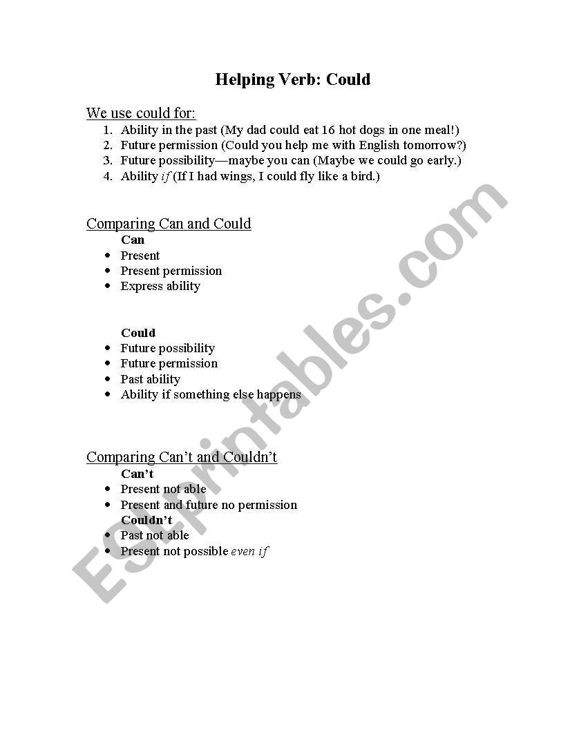 Helping Verb: Could worksheet