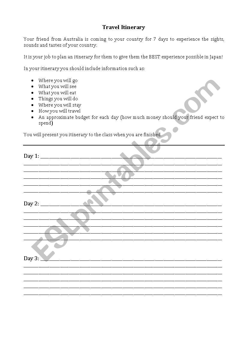 Plan a Travel Itinerary worksheet
