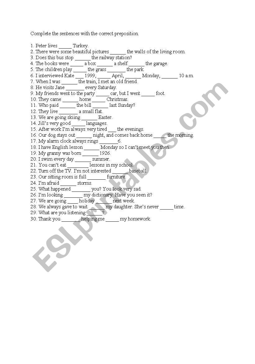 Prepositions worksheet