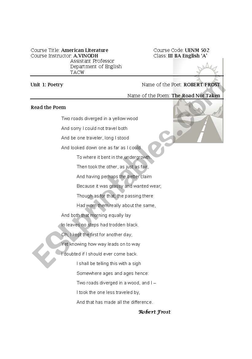 the road not taken worksheet