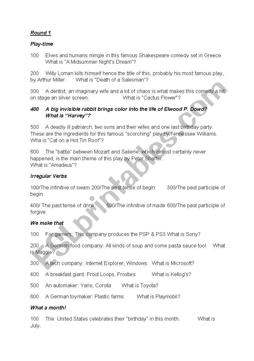 Jeopardy Questions - Complete set for full game