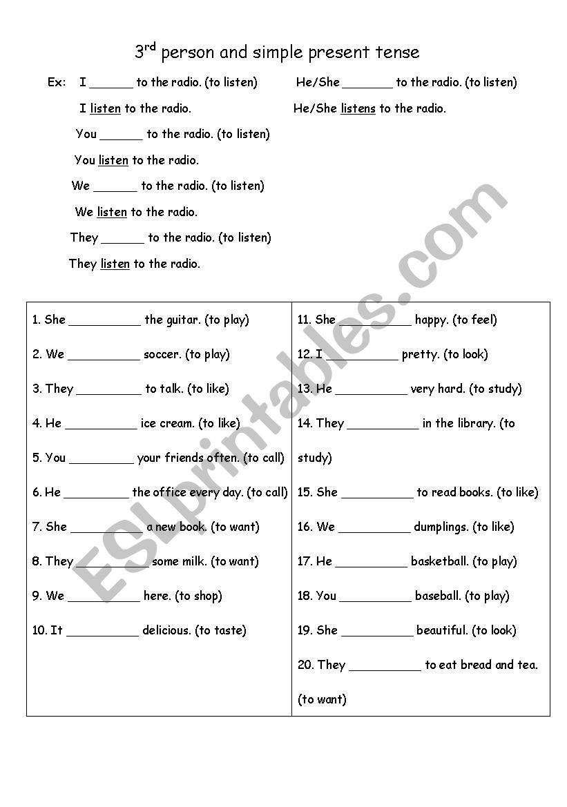 3rd person simple present tense exercise