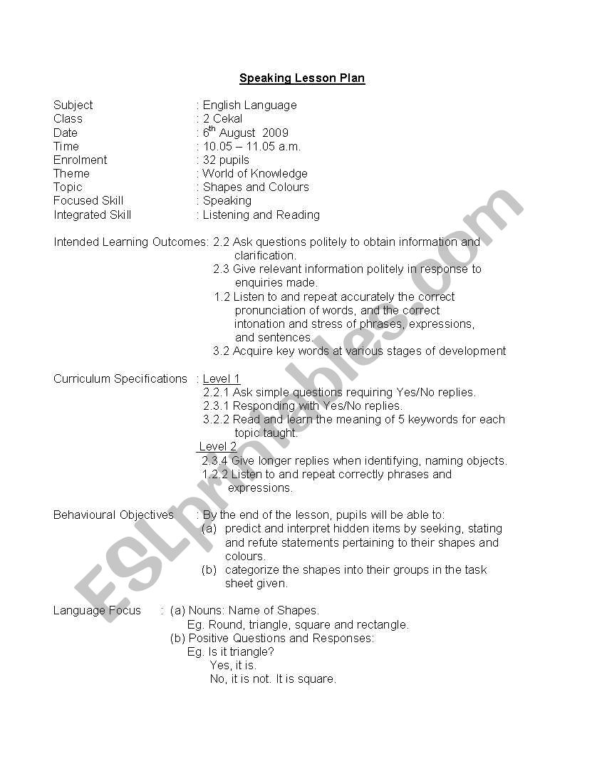 speaking lesson plans worksheet