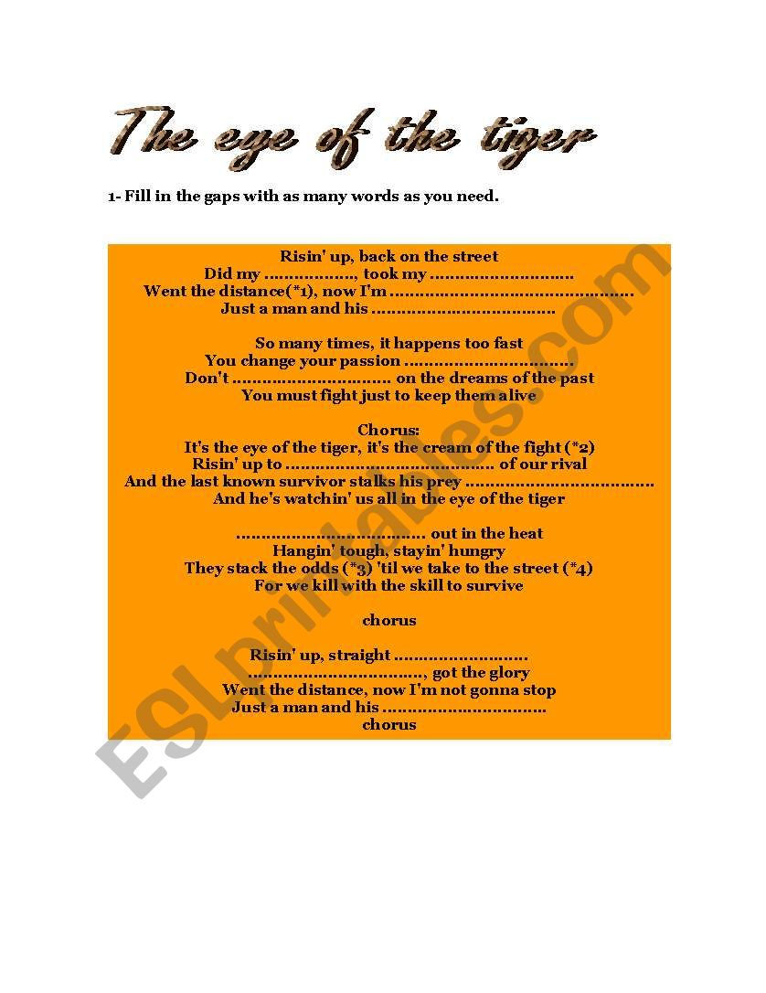 The Eye of the Tiger worksheet