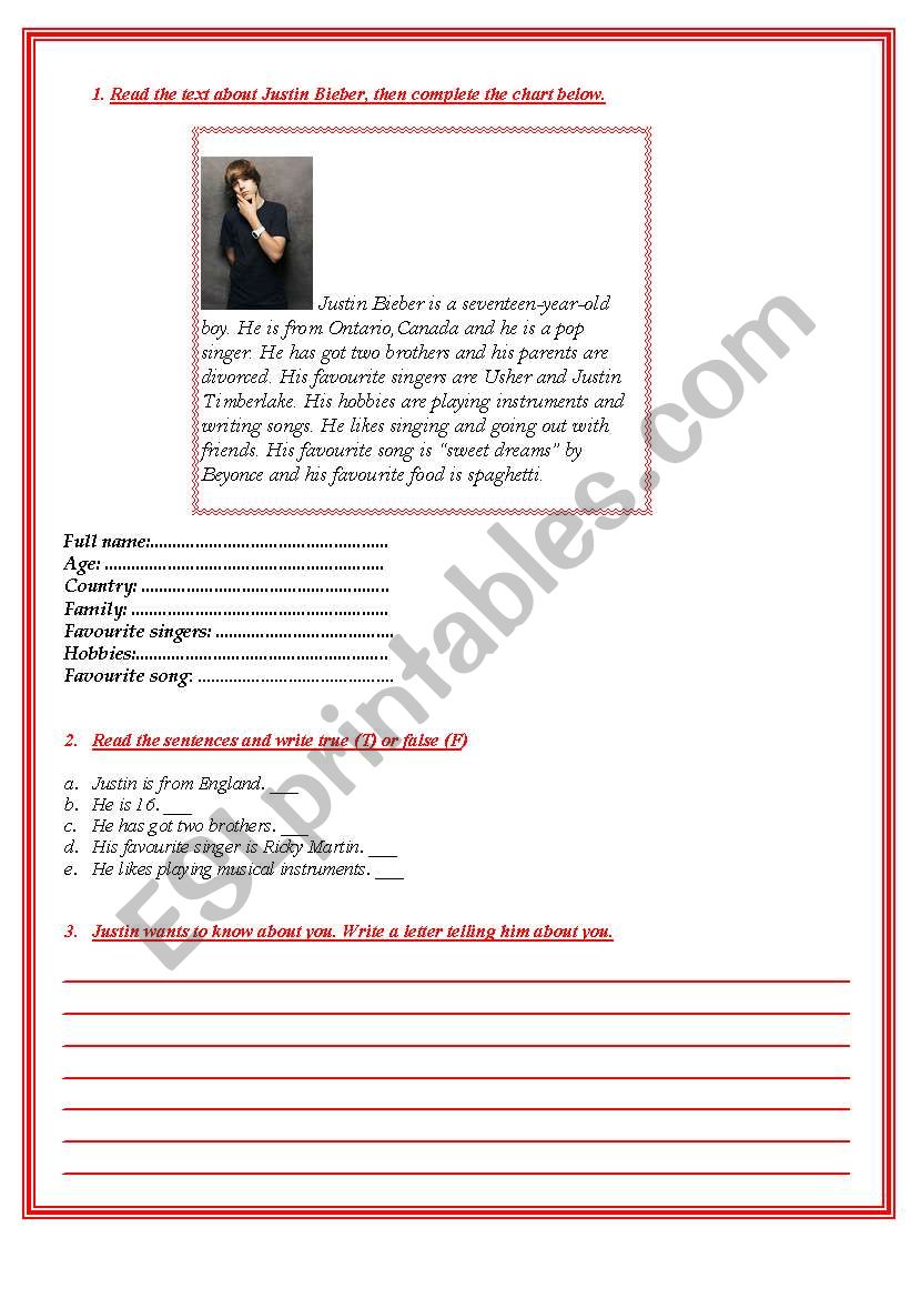 Read about Justin Bieber worksheet