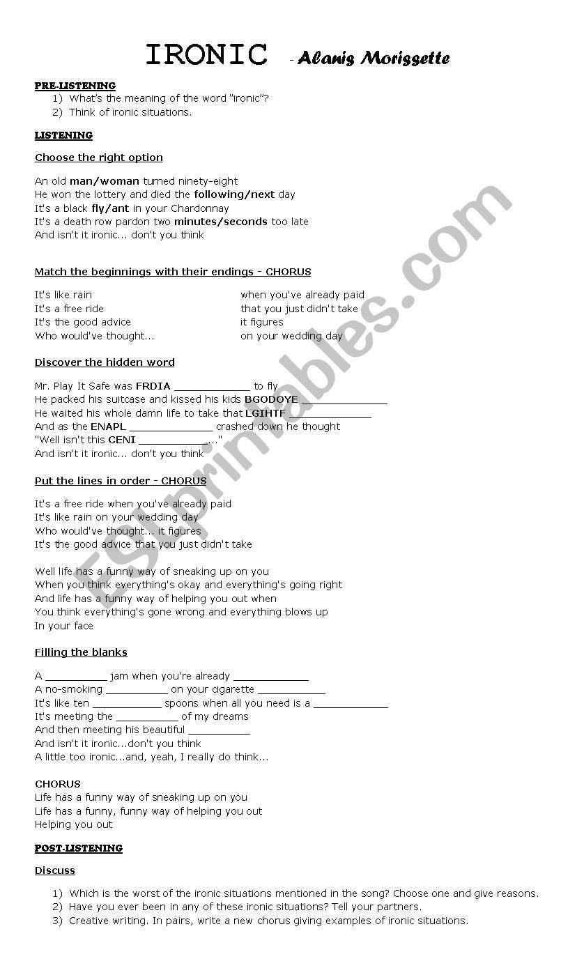 IRONIC (song) worksheet