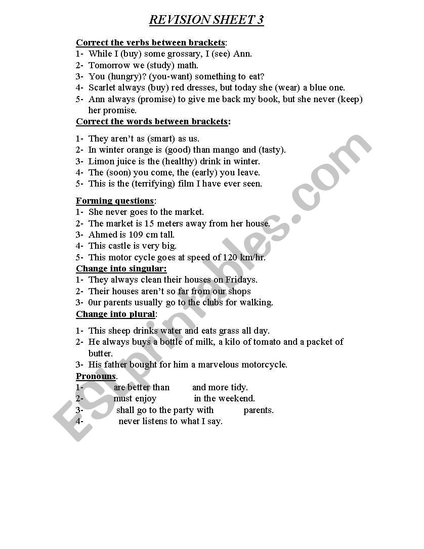 Revision sheet worksheet
