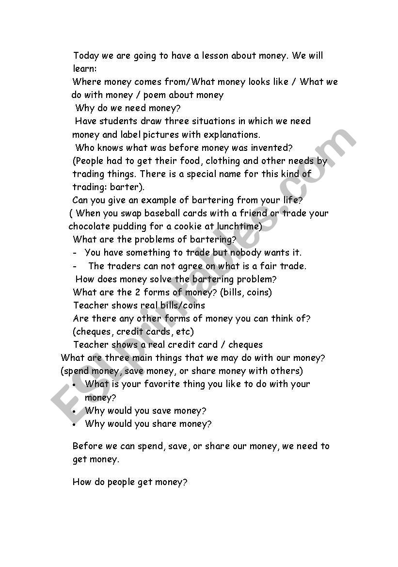 Money: lesson plan + poem - 2 pages