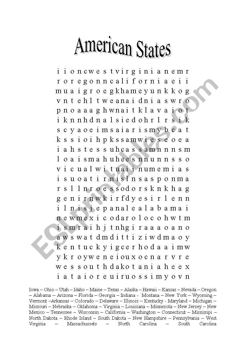 American States (word search) worksheet