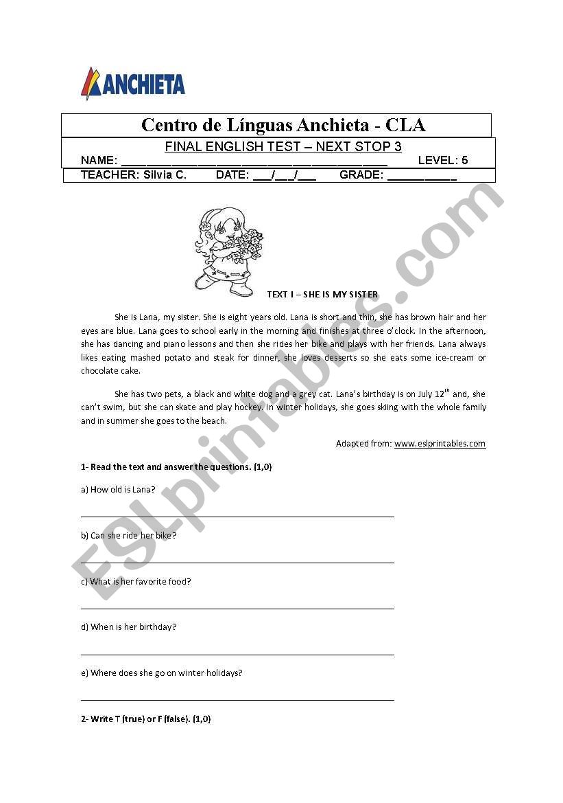 English Test worksheet