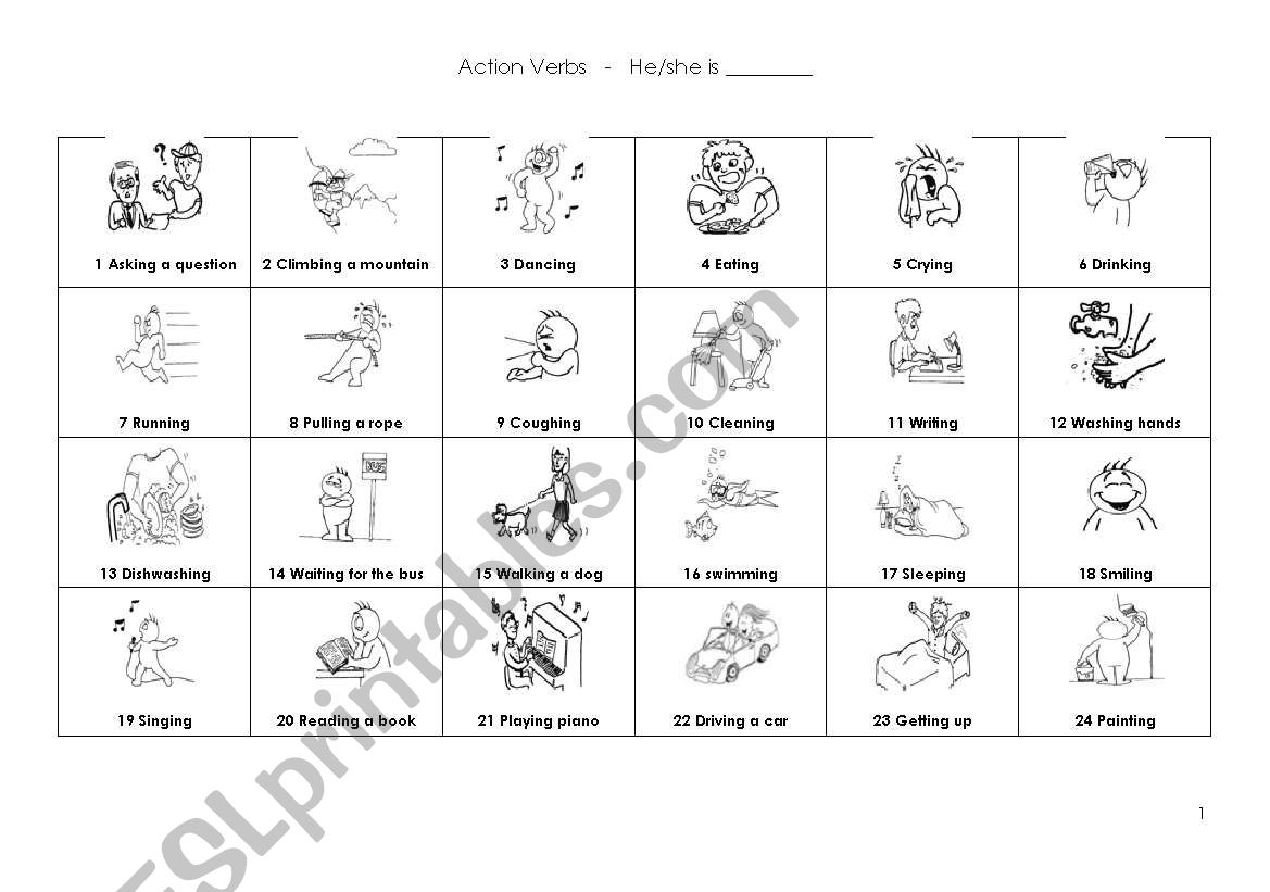 Action verbs and -ing form worksheet